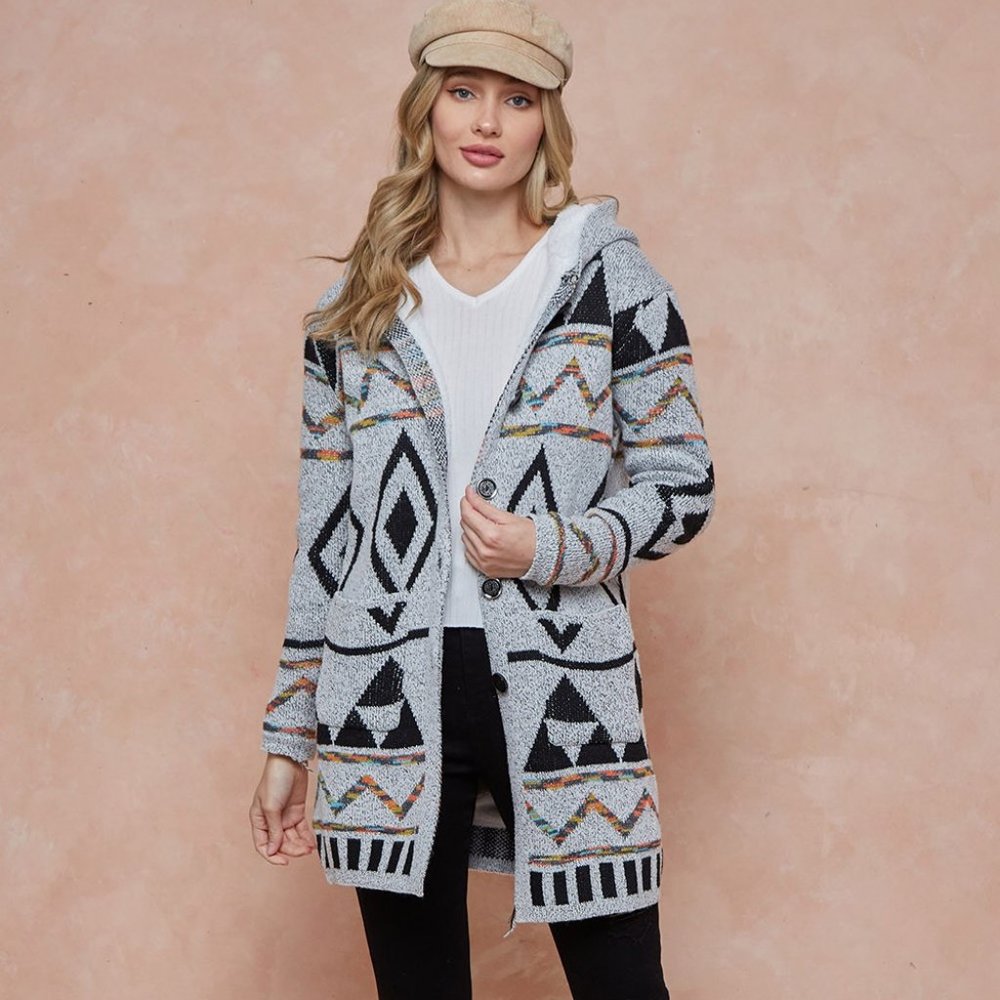 new ON BLUE AZTEC TRIBAL Sherpa lined hooded sweater cardigan Gray SML UNIQUE